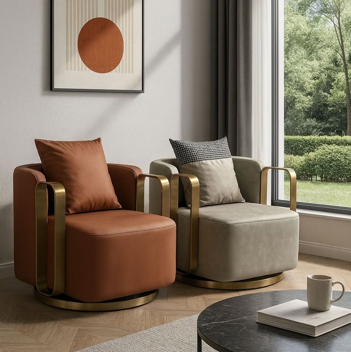 Luxury Modern Accent Armchair with Gold Metal Frame – Single Seater Sofa