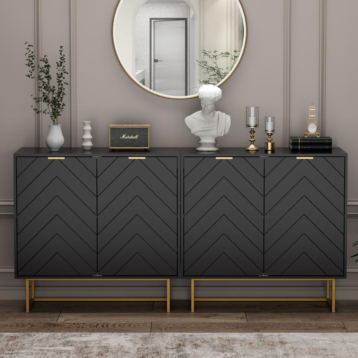 Modern Black Chevron Sideboard Cabinet with Gold Base