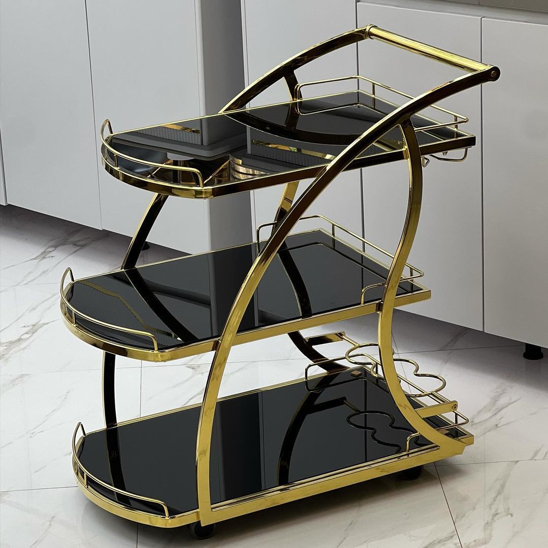Luxury Gold Stainless Steel 3-Tier Serving Trolley with Glass Shelve
