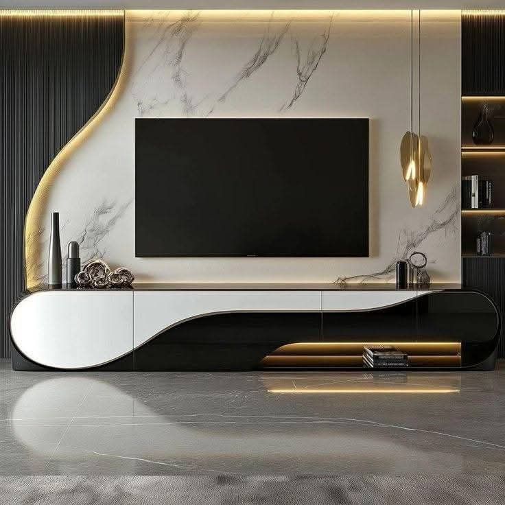 Luxury LED TV Wall Unit with Marble Panel & Floating Console – Modern Black & White Design