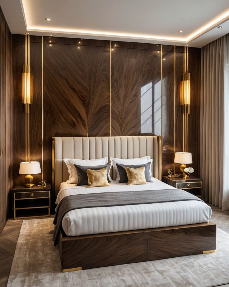 Luxury Walnut Wood King Size Bed with Upholstered Headboard & Gold Accent Wall Panel Set
