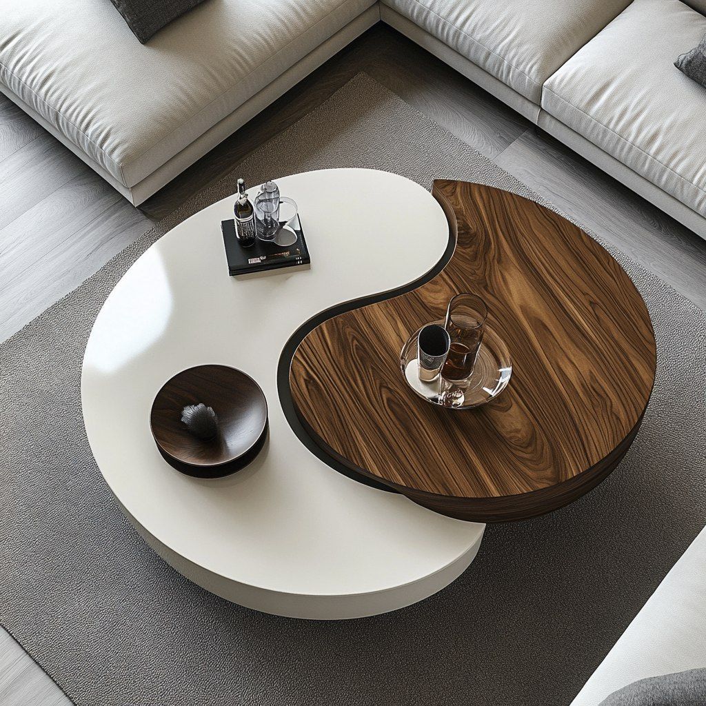 Modern Yin-Yang Style Wooden & Marble Coffee Table