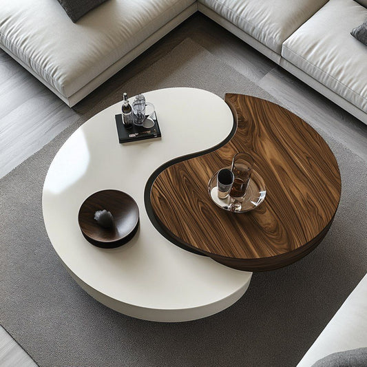 Modern Yin-Yang Style Wooden & Marble Coffee Table