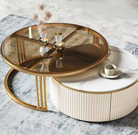 Premium Designer Coffee Table with Tempered Glass & Storage