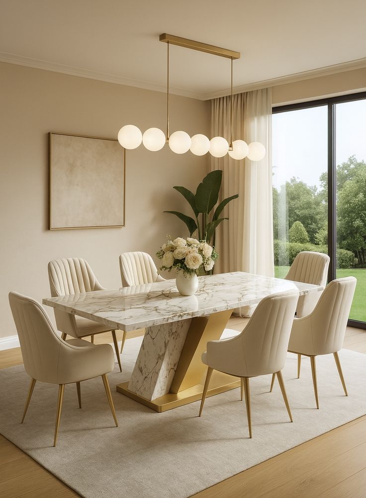 Luxury Marble Top 6-Seater Dining Table Set with Gold Base & Upholstered Chairs