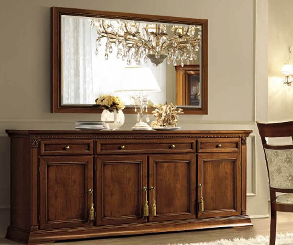 Classic Solid Wood Dining Room Sideboard with Mirror – Walnut Finish