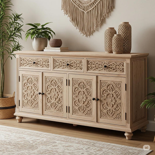 Solid Wood Side Board with Drawers & Shelves