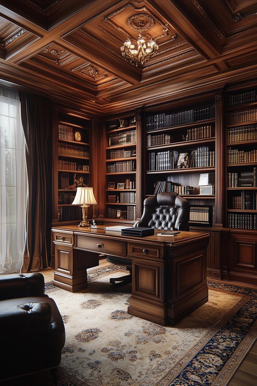 Executive Luxury Wood Office with Built-In Library