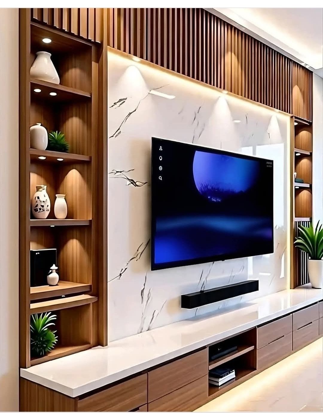 Modern Wall-Mounted TV Unit with Marble Panel & Wooden Shelves